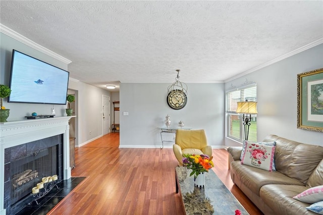 212 Brittany Ct, Duluth, GA 30096 - living area with wood finished floors, a premium fireplace, crown molding, a textured ceiling, and baseboards