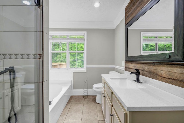 full bath featuring vanity, toilet, baseboards, ornamental molding, and a bath