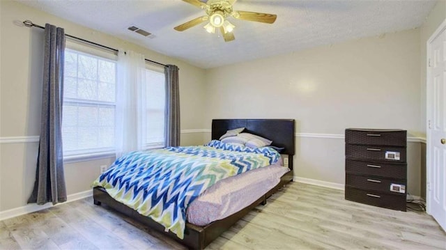 bedroom featuring light wood-type flooring and ceiling fan