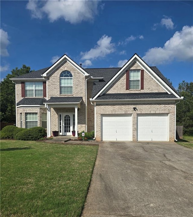 traditional-style house with brick siding, a garage, driveway, and a front yard