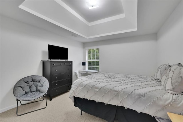 carpeted bedroom with a raised ceiling