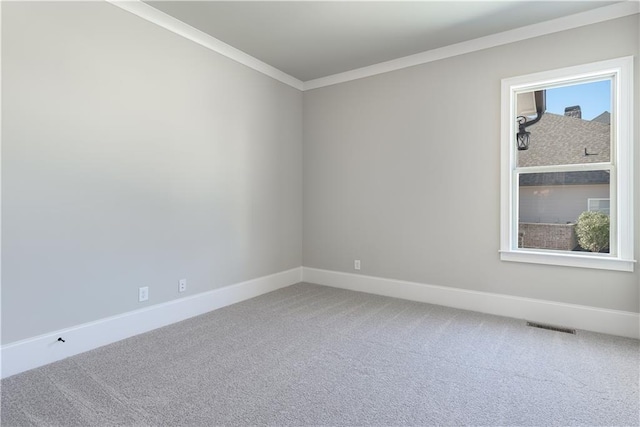 unfurnished room featuring crown molding and carpet