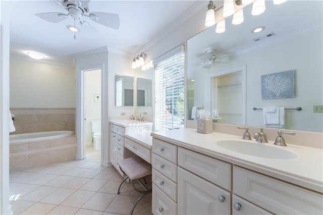 full bath featuring vanity, visible vents, ornamental molding, tile patterned flooring, and toilet