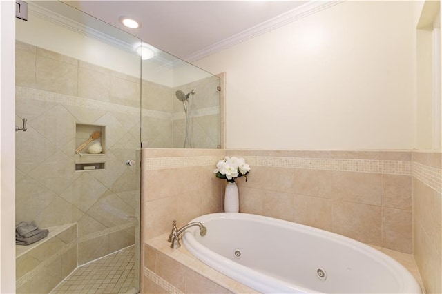 full bathroom featuring a walk in shower, crown molding, and a whirlpool tub