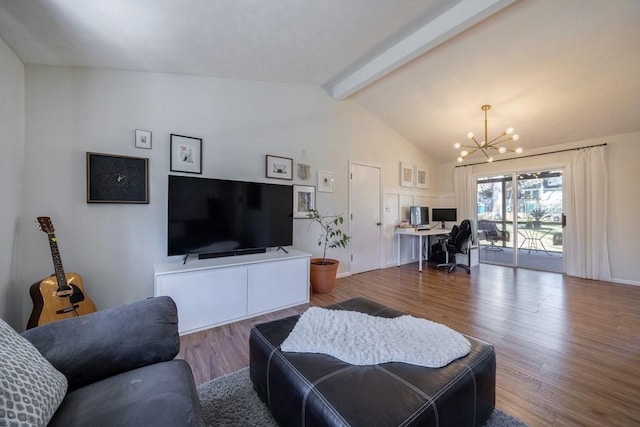 living area featuring baseboards, vaulted ceiling with beams, an inviting chandelier, and wood finished floors