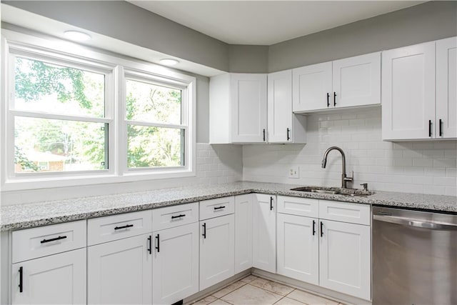 4339 Sasanqua Ct, Tucker, GA 30084 - kitchen featuring stainless steel dishwasher, a sink, white cabinetry, and decorative backsplash