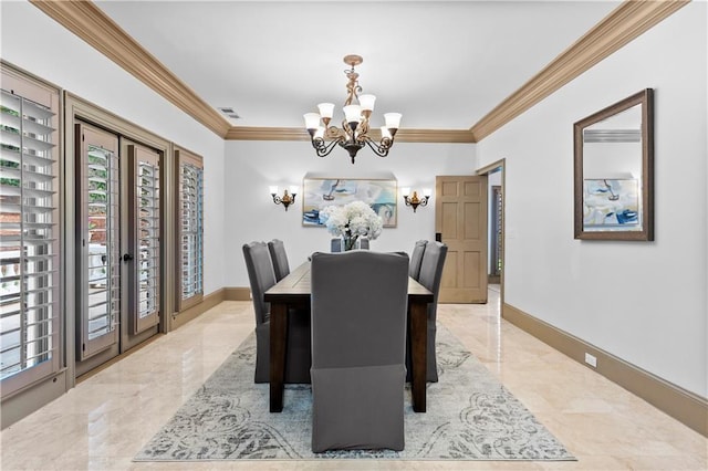 8370 Royal Melbourne Way, Duluth, GA 30097 - dining space with a chandelier, ornamental molding, and marble tiled floors