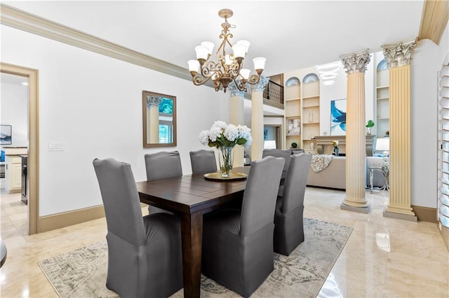 8370 Royal Melbourne Way, Duluth, GA 30097 - dining room featuring ornate columns, a chandelier, ornamental molding, light marble finish floors, and built in features