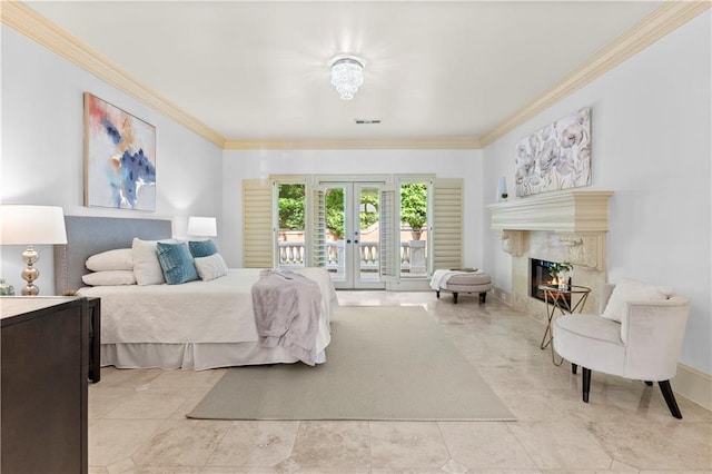 8370 Royal Melbourne Way, Duluth, GA 30097 - bedroom with ornamental molding, access to exterior, a fireplace, light tile patterned floors, and french doors