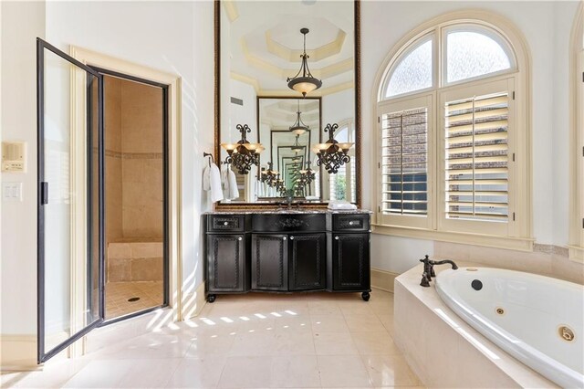 8370 Royal Melbourne Way, Duluth, GA 30097 - bathroom with a jetted tub, vanity, a stall shower, and tile patterned floors