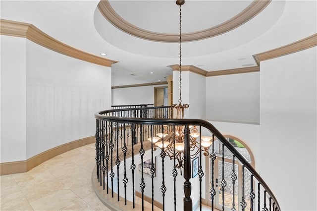 8370 Royal Melbourne Way, Duluth, GA 30097 - corridor with crown molding, an upstairs landing, recessed lighting, tile patterned floors, and a high ceiling