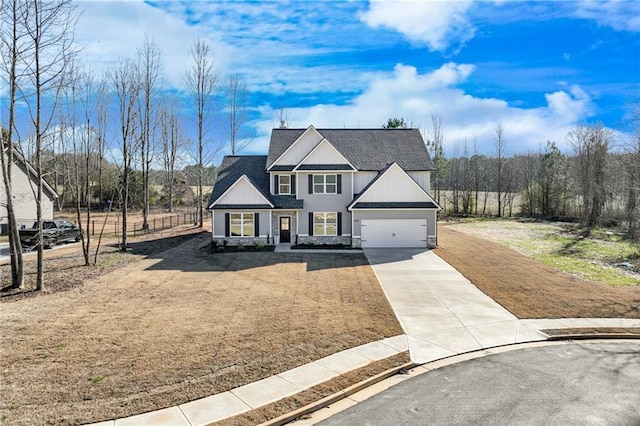 view of front facade featuring driveway, board and batten siding, a front yard, a garage, and a chimney