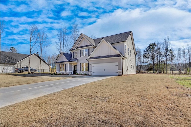 craftsman house featuring driveway, stone siding, roof with shingles, board and batten siding, and a garage