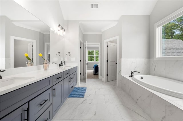 bathroom featuring double vanity, visible vents, marble finish floor, and a sink