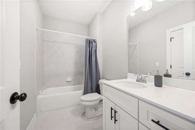 bathroom with tile patterned floors, shower / tub combo, toilet, and vanity