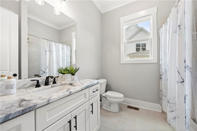 bathroom with tile patterned flooring, visible vents, baseboards, toilet, and ornamental molding