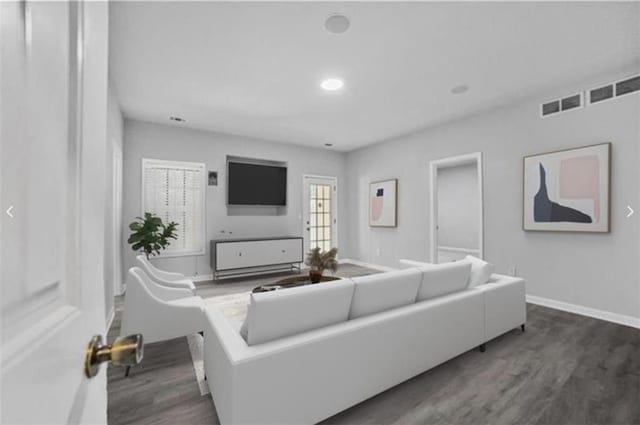 living room with dark hardwood / wood-style floors