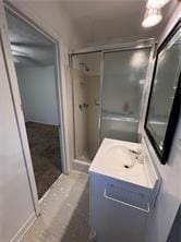 bathroom featuring vanity and a shower with door