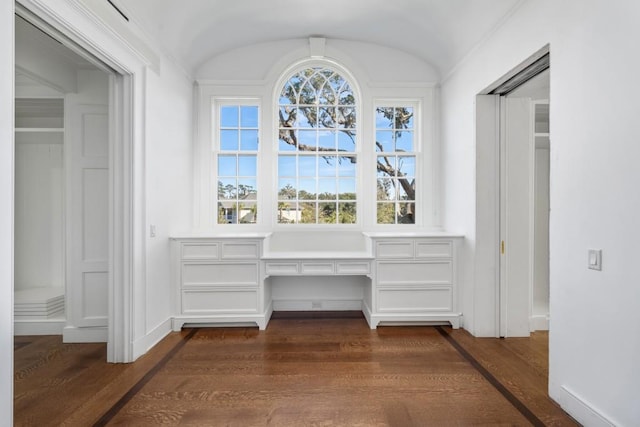 unfurnished office with dark hardwood / wood-style flooring and vaulted ceiling