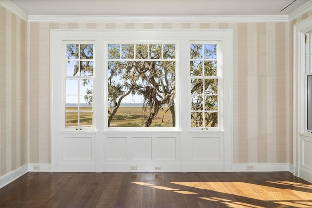 entryway featuring crown molding and dark wood-type flooring