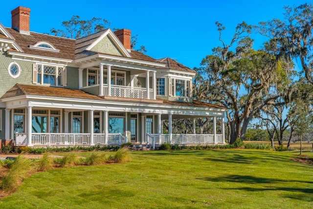 back of property featuring a porch and a yard