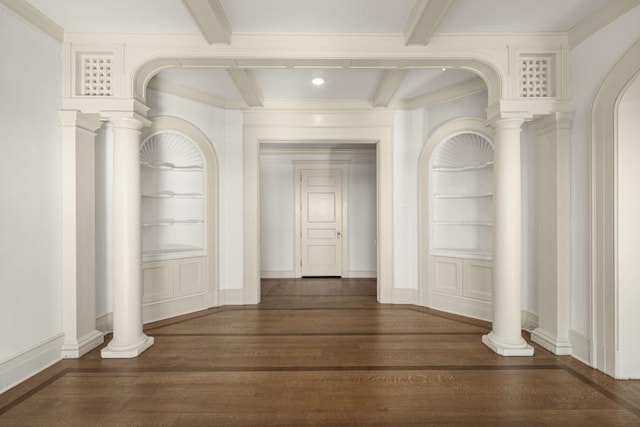 hall featuring crown molding, dark hardwood / wood-style flooring, and beamed ceiling