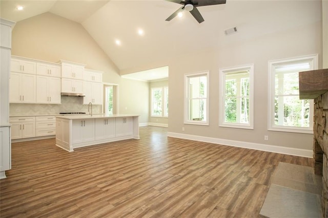 kitchen with high vaulted ceiling, tasteful backsplash, white cabinetry, and a kitchen island with sink