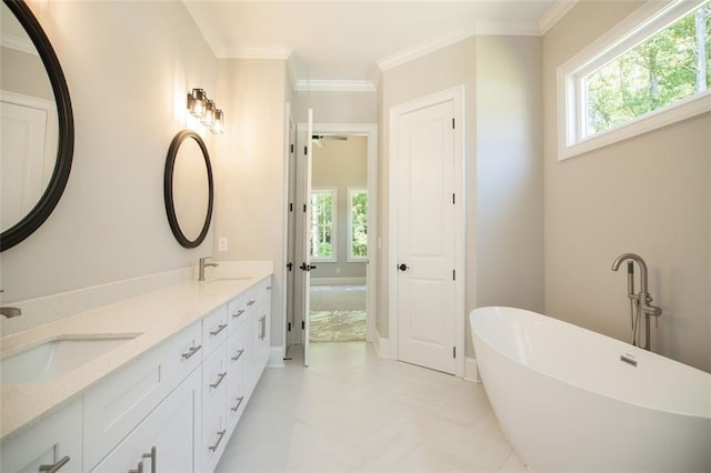 bathroom featuring a washtub, vanity, and ornamental molding