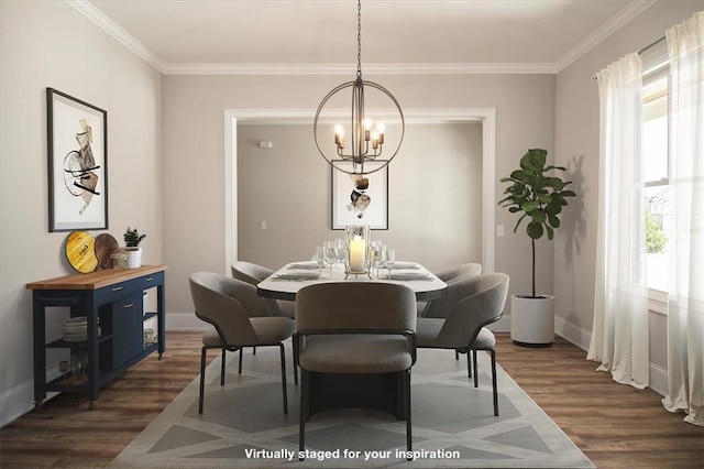 dining space featuring a chandelier, crown molding, and dark wood-type flooring