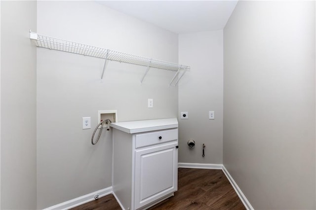 laundry room with hookup for an electric dryer, hookup for a washing machine, hookup for a gas dryer, and dark wood-type flooring