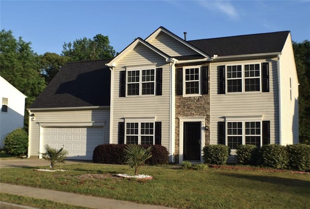 1371 Blazing Star Rd, Lawrenceville, GA 30045 - view of front facade featuring an attached garage, concrete driveway, a front lawn, and stone siding