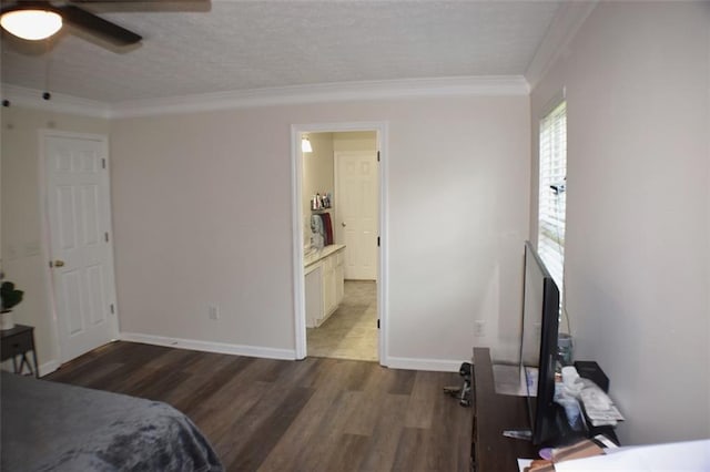 1371 Blazing Star Rd, Lawrenceville, GA 30045 - bedroom featuring dark wood-style floors, crown molding, a ceiling fan, and ensuite bathroom