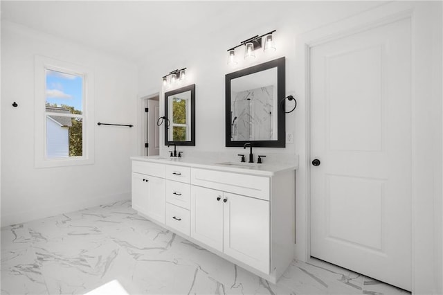 bathroom featuring plenty of natural light, walk in shower, and vanity