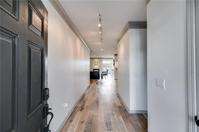 hall featuring ornamental molding, light hardwood / wood-style flooring, and track lighting