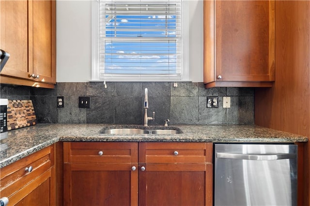 kitchen featuring tasteful backsplash, sink, stainless steel dishwasher, and dark stone countertops