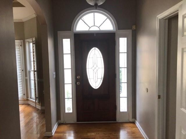 foyer entrance with plenty of natural light, wood-type flooring, and ornamental molding