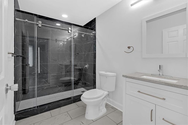 1222 E Forrest Ave, Atlanta, GA 30344 - full bath featuring toilet, vanity, a marble finish shower, baseboards, and recessed lighting
