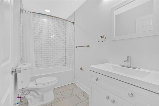 1222 E Forrest Ave, Atlanta, GA 30344 - full bathroom featuring toilet, vanity, marble look tile flooring, and shower / bathtub combination with curtain