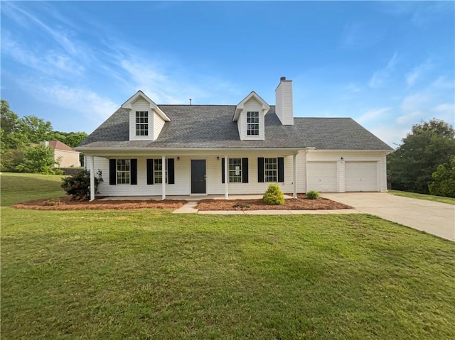 727 Overlook Crst, Monroe, GA 30655 - cape cod house featuring driveway, an attached garage, a chimney, a front yard, and a porch