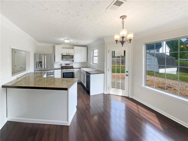727 Overlook Crst, Monroe, GA 30655 - kitchen featuring appliances with stainless steel finishes, a chandelier, ornamental molding, dark wood-style floors, and a textured ceiling