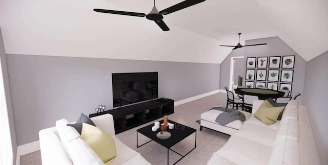 0 Wynn Dr, Carrollton, GA 30117 - living area featuring a ceiling fan, vaulted ceiling, carpet flooring, and baseboards