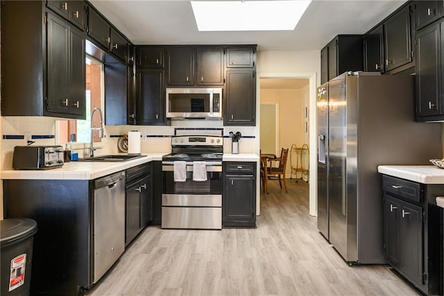 kitchen with a sink, stainless steel appliances, light wood-style floors, a skylight, and decorative backsplash