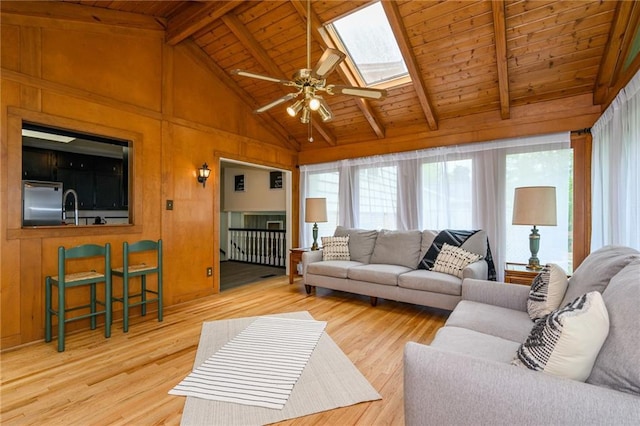 living area with a ceiling fan, wooden ceiling, vaulted ceiling with skylight, and wood finished floors