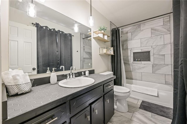 full bath with toilet, shower / bath combo with shower curtain, and vanity