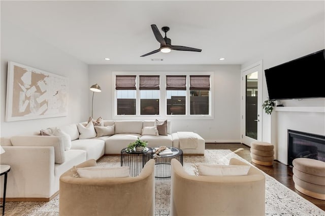 205 Wilbur Ave SE Unit A, Atlanta, GA 30316 - living area featuring wood finished floors, a glass covered fireplace, ceiling fan, visible vents, and recessed lighting