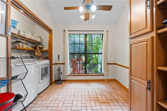 110 The Farm Rd, Mcdonough, GA 30252 - laundry room with washer and dryer, ceiling fan, baseboards, and brick floor