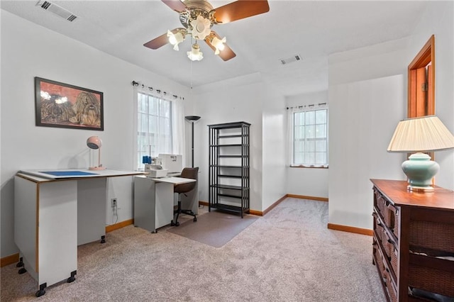 110 The Farm Rd, Mcdonough, GA 30252 - home office with baseboards, light carpet, a ceiling fan, and visible vents