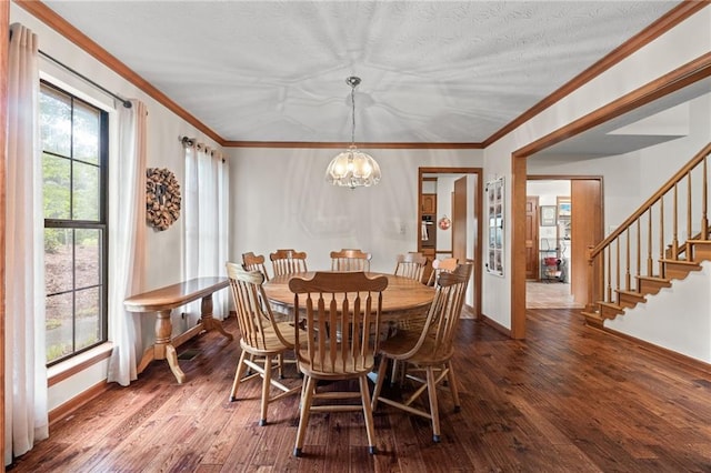 110 The Farm Rd, Mcdonough, GA 30252 - dining area featuring wood-type flooring, baseboards, an inviting chandelier, and stairway