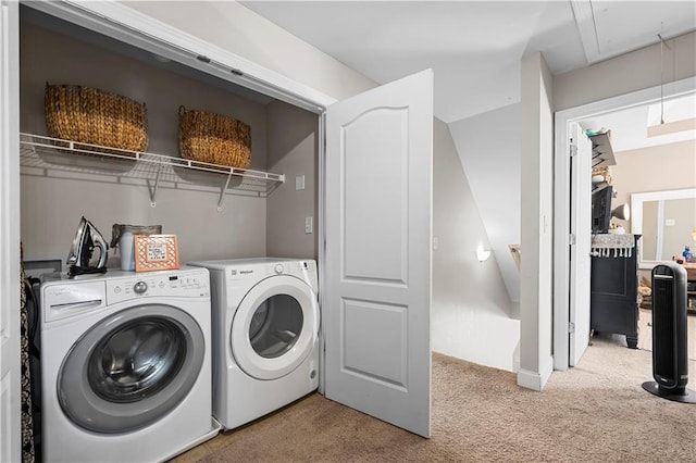 240 Daisy Cir, Mcdonough, GA 30252 - laundry room featuring attic access, washing machine and dryer, and light colored carpet