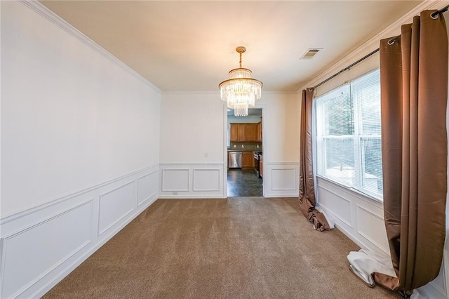 5280 Lakerock Way S, Fulton, GA 30331 - empty room featuring a decorative wall, a chandelier, ornamental molding, wainscoting, and carpet floors